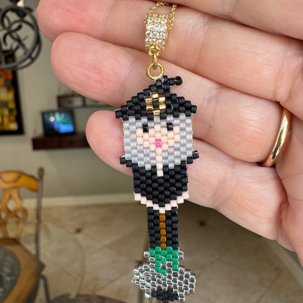 Hand crafted beaded witch with cauldron pendant necklace - Picture 8 of 11